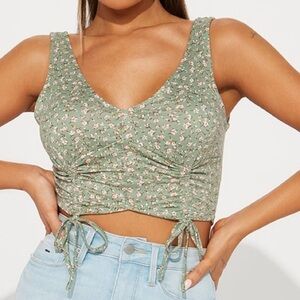 Iris Green Floral Ruched Crop Top Button Front Tank with Adjustable Ties